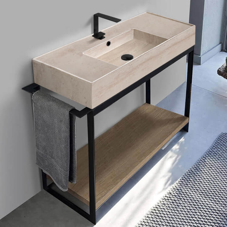 Scarabeo 5124-E-SOL2-89-One Hole Console Sink Vanity With Beige Travertine Design Ceramic Sink and Natural Brown Oak Shelf